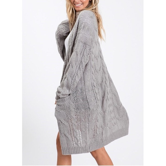 Gray Cable Knit Long Sweater Cardigan - Picture 3 of 5